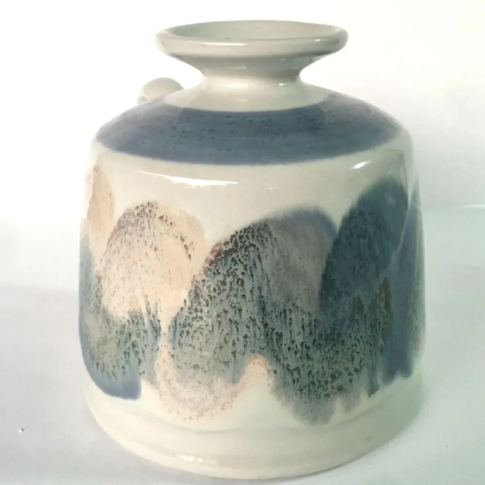 Kravec Studios Art Pottery Vase: Container Pitcher Abstract Blue Cream Decor, Na